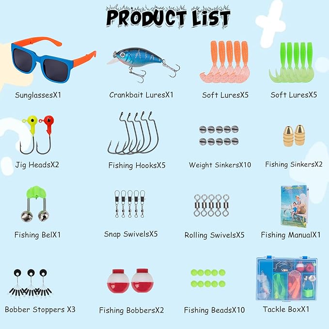 Kids Fishing Pole Set, Telescopic Fishing Rod Reel Combo Kids Starter Kit with Lures Tackle Box, Foldable Stool and Portable Bag for Boys Girls Younth
