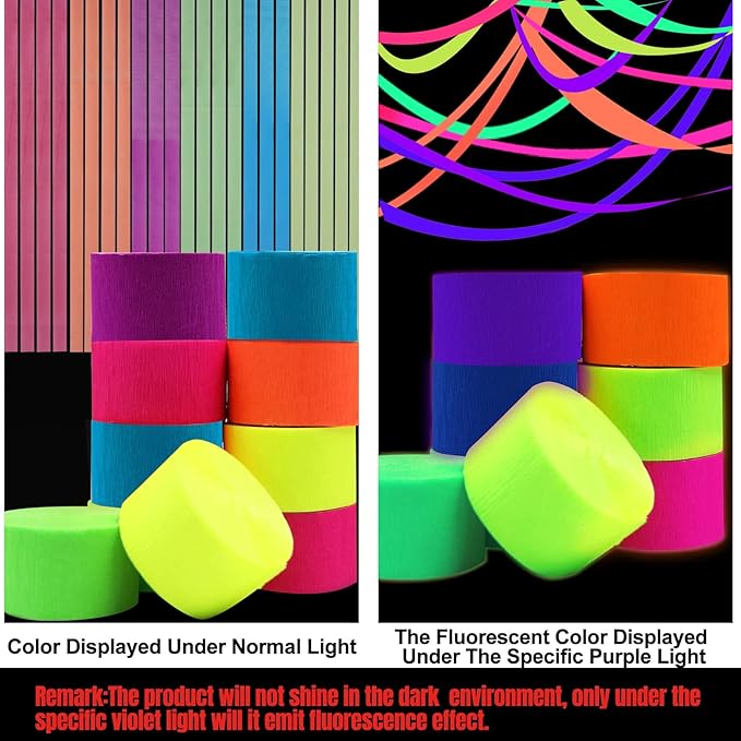 600feet Crepe Paper Streamers,6 Rolls Blacklight Party Streamer Decorations in 6 Colors for Neon Party,Wedding, Birthday, Glow Party Supplies…