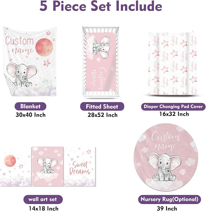 Personalized Nursery Crib Bedding Set: Custom Name 5 Piece Baby Crib Sets with Starry Sky Elephant Design - Toddler Double Layer Blanket Set, Comfortable Crib Bed Sheets for Baby Grils