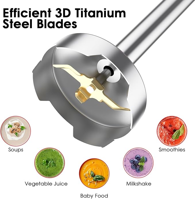 Immersion Blender Handheld, 800W Powerful Electric Hand Blender with Titanium Alloy Blades, 12 Speeds & Turbo, Electric Hand Mixer for Smoothies, Soups, Baby Food and Purees