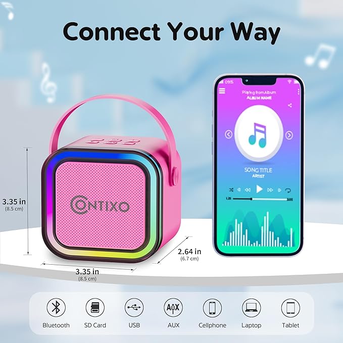 Contixo KS1A Kids Mini Karaoke Machine with LED Lights, 7–10H Playback, Dual Wireless Mics, Magic Voice Effects, Bluetooth Speaker for Children, Portable Singing Toy Gift for Boys & Girls, Pink