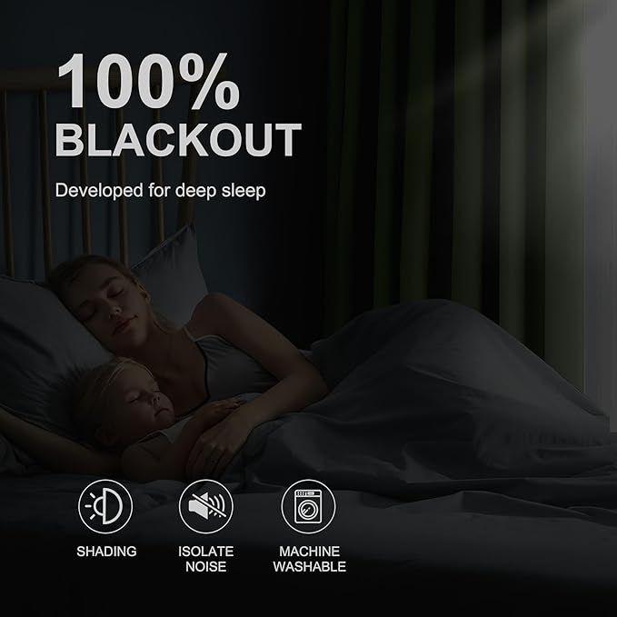 NICETOWN 100% Blackout Short Curtains for Kids Bedroom, Thermal Insulated Window Curtains 63 Inch Length 2 Panels Set, Grommet Top Drapes for Living Room, 52" W x 63" L, Olive