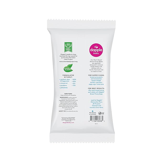 Dapple Baby Breast Pump Wipes, Powered by Plants, Hypoallergenic, Removes Milk Residue, No Rinse, Fragrance Free, 25 Count (Pack of 3)