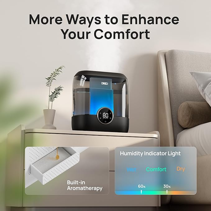 Dreo Smart Humidifiers for Bedroom, 6L Top Fill Supersized Cool Mist Humidifier for Large Room, 60 Hour Runtime, Quiet Ultrasonic Humidifiers for Plants, Baby, Indoor, Home, Night Light, Black