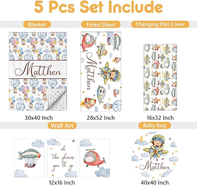 Personalized Crib Bedding Set, 5 Pcs Custom Name Nursery Bedding Set with Double Layer Flannel Blanket, Pilot Animals Baby Crib Set for Boys Girls, Customized Gifts for Toddlers Infants Babies