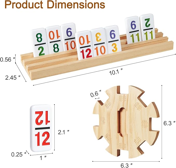 Mexican Train Dominoes Set with 4 Wooden Trays/Racks and Portable Carrying Case,Travel Colorful Double 12 Dominoes - 91 Numbered Tiles,for Kids and Adults