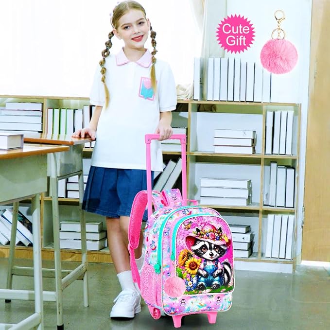 Girls Rolling Backpack, Cute Raccoon Roller Wheels Kids Bookbag - Wheeled Elementary School Bag - 3PCS Raccoon