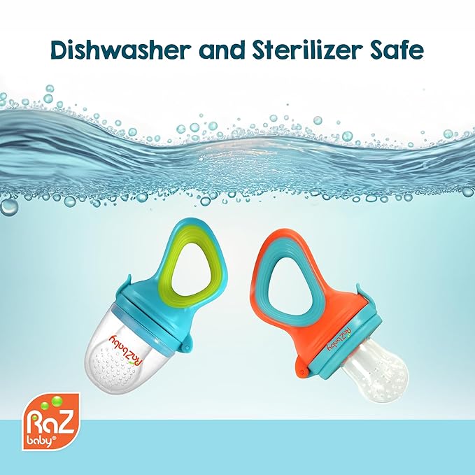 RaZbaby Baby Solids/Frozen Fruit Feeder Pacifier, Infant Teether Toy 6M+, BPA-Free Silicone Pouch & Nipple, Safely Introduce Solids, Natural Teething Relief, Dishwasher Safe, Freezable – Grey/White