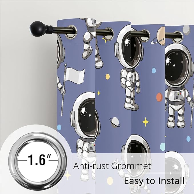 Kids Astronaut Blackout Curtains - 100% Blackout, Thermal Insulated, Noise Reducing, Perfect for Kids Room and Nursery, 2 Panels (Spacewalk Buddies, W52×L84)