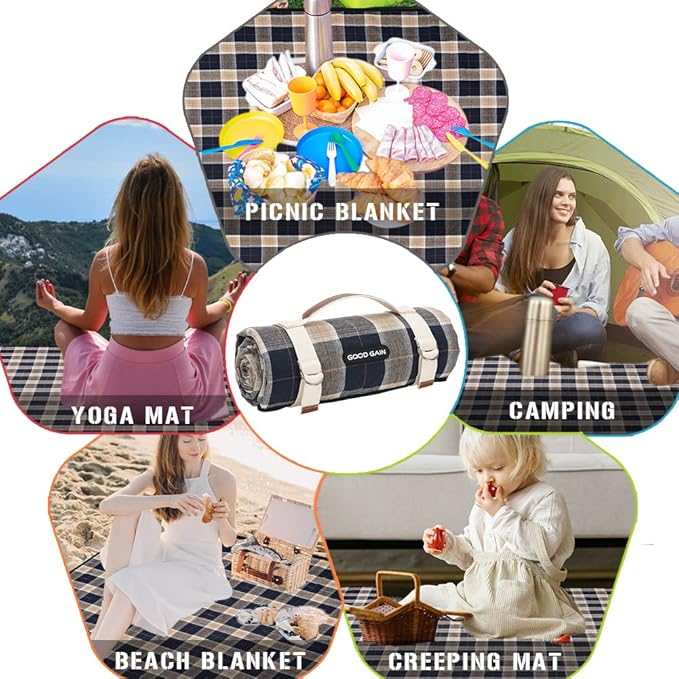 G GOOD GAIN Waterproof Picnic Blanket Portable with Carry Strap for Beach Mat or Family Outdoor Camping Party (Brown)