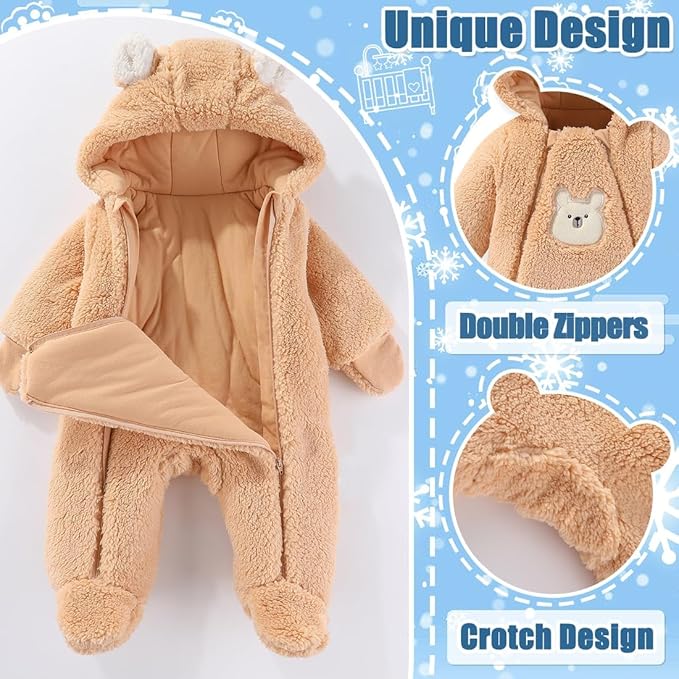Fairy Baby Newborn Baby Winter Snowsuit Bear Thick Romper Footie Double Zip Hooded Jumpsuit Fleece Coat Infant Boy Girl 0-12M