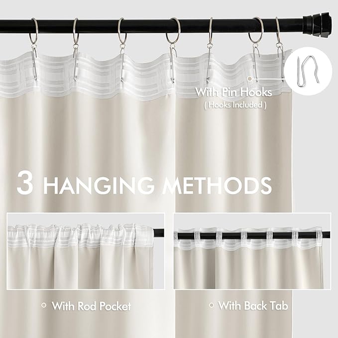 MIULEE Ivory Back Tab Blackout Curtains 108 Inch Long 2 Panels Set for Bedroom, Rod Pocket/Pinch Pleat Extra Long Thermal Insulated Living Room Darkening Pleated Light Blocking Drapes