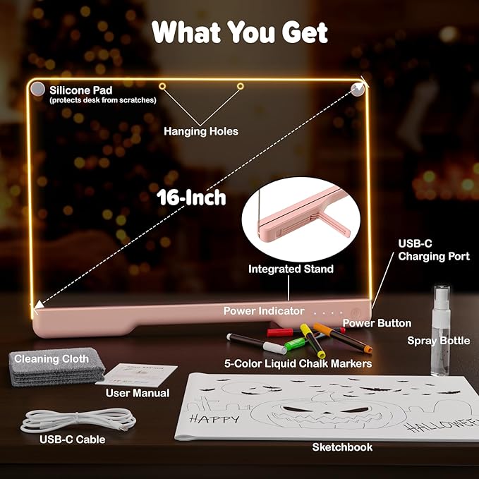 16-Inch Rechargeable Doodle Glow LED Note Board, 7-Color Light Modes, Neon Art Dry Erase Light Up Drawing Pad with Built-in Stand, Sketching Gift Toy for Kids/Girls/Teens, 5 Markers & Tracing Book