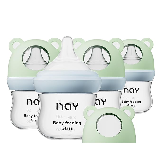 Natural Glass Baby Bottle for Breastfeeding Babies, 3oz Newborn Anti-Colic Baby Bottle with Slow Flow Nipples (SS), Clear, Wide Neck, 4 Pack, 0 Months+