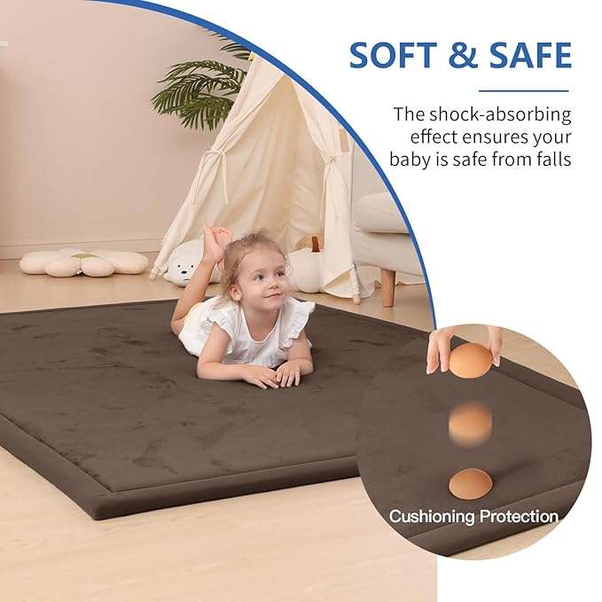 Baby Play Mat for Floor,1.3" Thick Memory foam Tummy Time Mat for Toddlers,Infants,kids,Water-Repellent Soft Nursery Rug ,79"×118" Extra Large Non Slip for Crawling&Yoga,Tatami Style for Living Room(Dark Brown)