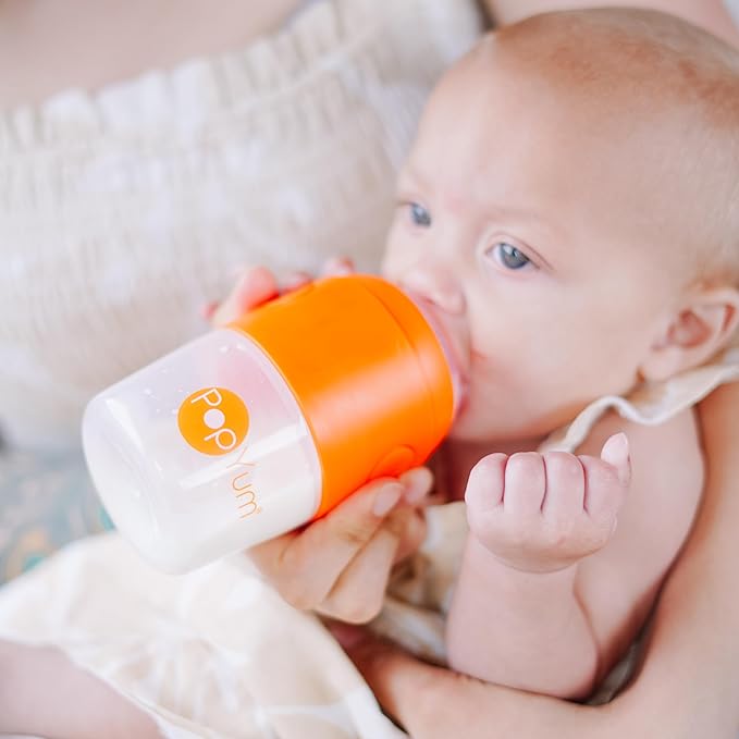 PopYum 5 oz Orange Anti-Colic Formula Making/Mixing/Dispenser Baby Bottles, 2-Pack with #1 Slow Flow Nipples, 150 ml, BPA-Free, Natural Latch
