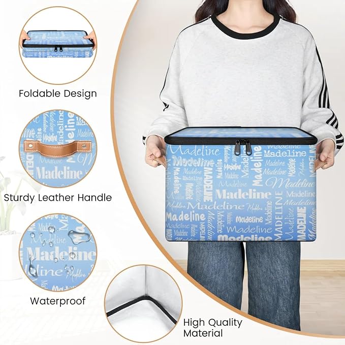 Custom Storage Basket with Name, Personalized Storage Bins with Zipper Lid, Foldable Fabric Storage Box Large capacity with Handle Blue