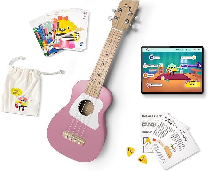 Loog Wood Soprano Ukulele for Kids & Beginners, App & Lessons, All Ages (Pink)