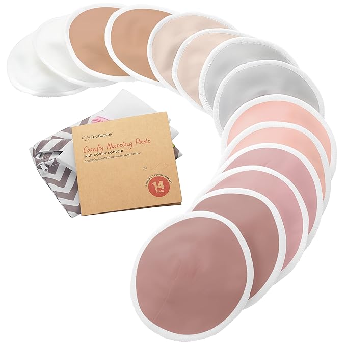 Organic Nursing Pads - 14 Washable Viscose Derived from Bamboo Breastfeeding Pads, Wash Bag, Reusable Breast Pads for Breastfeeding, Nipple Pads for Breastfeeding Essentials (Lovelle, M 3.9")