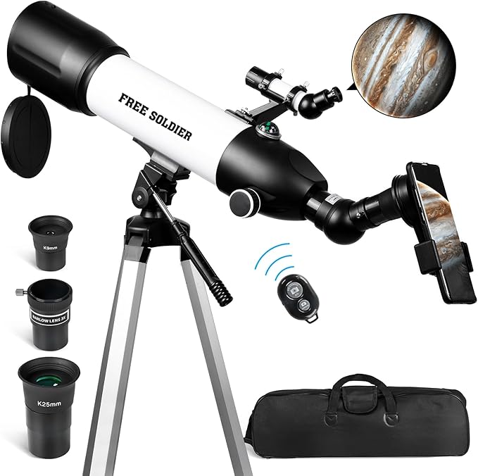 FREE SOLDIER Telescope 80mm Aperture 500mm Refractor Telescope for Adults High Powered - Professional Astronomical Refracting Telescope for Beginners with Phone Adapter White