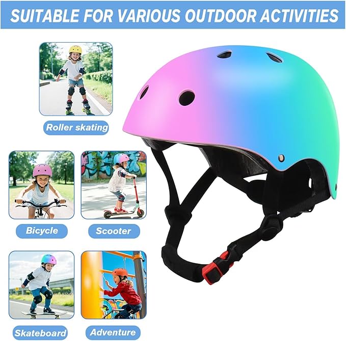 Color Gradient Adjustable Kids' Helmet with Knee & Elbow Pads Set | Multi-Sport Safety Gear for Boys & Girls Ages 5-14 | Skateboarding, Scooters, Roller & Inline Skating, Longboarding