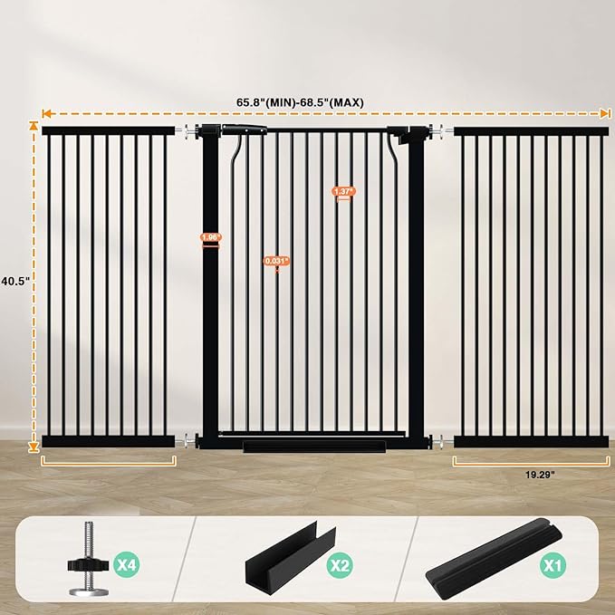 40.5" Extra Tall Baby Gate, 65.8"-68.5" Extra Wide Long Pet Gate, No Drill Large Dog Gates Indoor, Adjustable Tension Safety Child Gate Auto Close for Stairs Walk Thru Kid or Pet Black