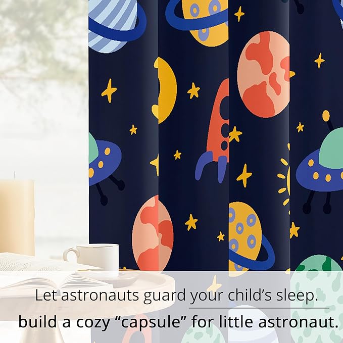 Kids Space Rockets Blackout Curtains - 100% Blackout, Thermal Insulated, Noise Reducing, Perfect for Kids Room and Nursery, 2 Panels (Color Pop Rockets, W52×L63)
