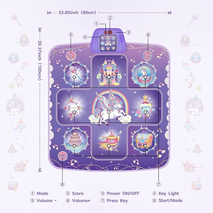 GirlsHome Dance Mat - Unicorn Toys for Girls Electronic Dance Pad with 5 Game Modes, Built-In Music, Touch Sensitive Light Up LED Kids Musical Mat, Christmas & Birthday Gift for Toddler Girls 3-12