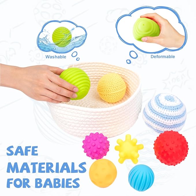 Adena Montessori 8 Pack Sensory Balls for Toddlers 1-3,Sensory Baby Toys 6-12 Months,Infant Educational Squeeze Sensory Toy Soft Multi Ball Set Gifts with Bright Color Textured with White Woven Basket