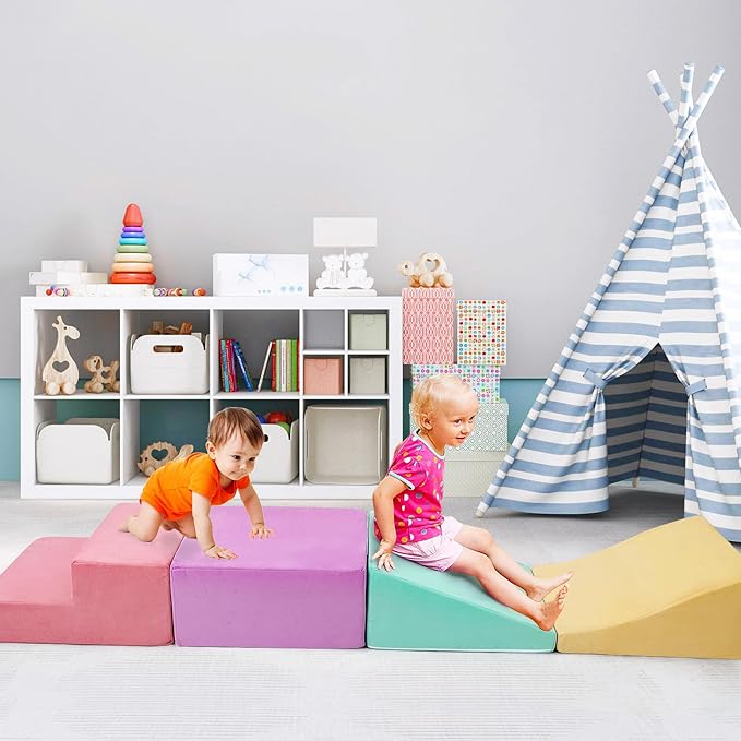 6-Piece Soft Suede Toddlers Climbing Toys, Baby Foam Climbing Blocks, Waterproof Foam Play Gym Climber Structures for Toddler Babies, Indoor Climb and Crawl Activity Play Set