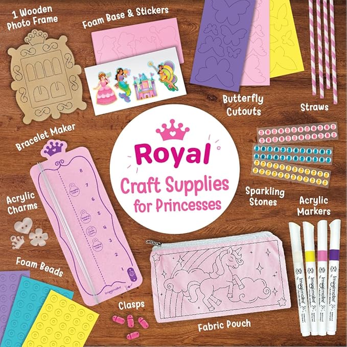 Imagimake Princess Craft Kit | 10 Mess-Free DIY Activities | Bracelet Making Kit, Unicorn Pouch, Butterfly Wands & Photo Frame | Girls Toys Age 6-8 | 5,6,7,8,9,10,11,12 Year Old Girl Birthday Gifts