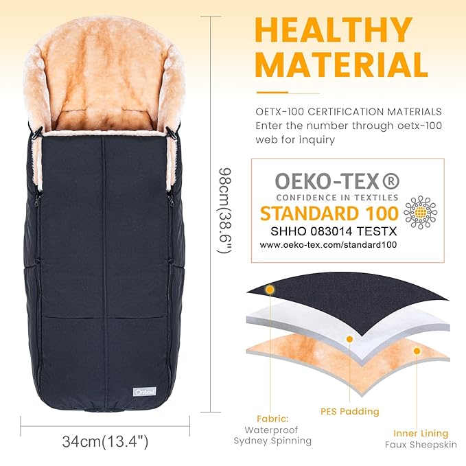 Orzbow Stroller Footmuff Universal | Faux Wool Baby Bunting Bag | Warm, Weather-proof, Adjustable Buckles | Winter Stroller Zipper Blanket Cover | Baby Sleeping Bag for Cold Weather Accessories, Black