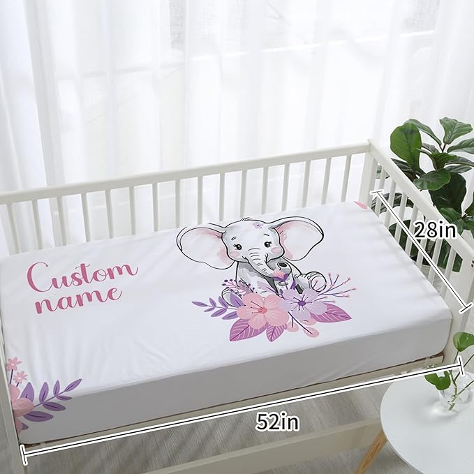 Personalized Nursery Crib Bedding Set: Custom Name Purple Flower 5 Piece Baby Crib Sets with Elephant Design - Toddler Double Layer Blanket Set, Comfortable Crib Bed Sheets for Baby Grils