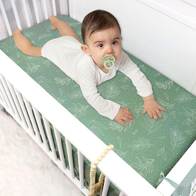 Green Leaf Crib Bedding Set, 4-Piece Baby Boy Bedding Set, Neutral Nursery Bedding Set, Fitted Crib Sheet, Crib Skirt, Baby Quilt, and Diaper Stacker, Sage