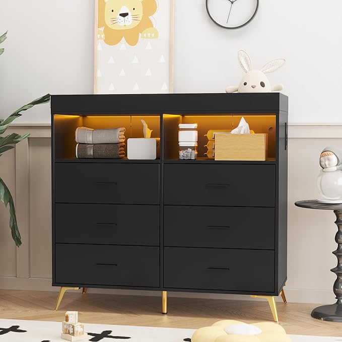 Changing Table Dresser with Drawers, Baby Dresser with Changing Table Top, Power Outlet, LED Light & Metal Feet, Diaper Changing Station Nursery Organizer for Infants Newborn, Black