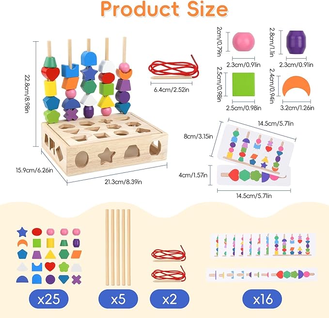 3 in 1 Wooden Color Sorting Stacking Toys, Montessori Toys Geometric Shape Sorter Matching Lacing Beads Sequencing Toy Set Preschool Learning Fine Motor Skills for Toddlers 3 4 5 Years