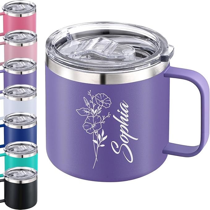 Personalized Mug Cup with Handle 12/14oz Custom Stainless Steel Mugs Customized Name Coffee Tumbler for Women Men Student Family Office Gifts, Birth Flowers