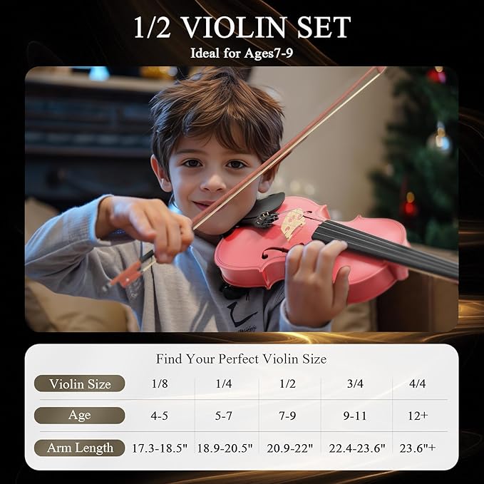 1/2 Violin Kit, Beginner Violin for Kids, Students, Complete Kids Violins Set with Case, Bow, Rosin, Ideal for Kids Violins Beginner Ages 5-9, Rose Pink