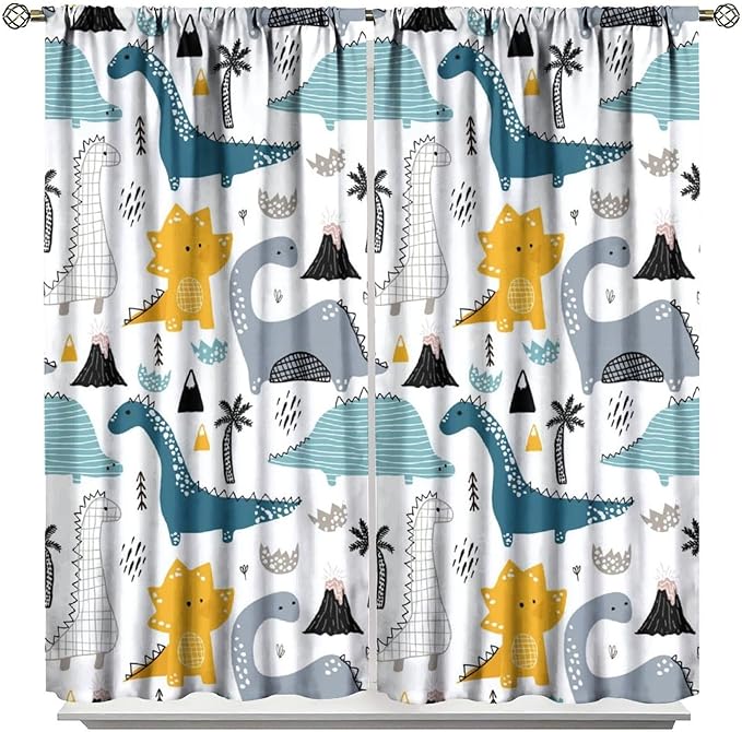 Kids Dinosaur Curtains for Boys Girls Bedroom Decor Cartoon Dino Colorful Cute Funny Wildlife Animal Printed Blackout Rod Pocket Window Drapes for Baby Nursery Playroom Living Room W21xL63in 2 Panels