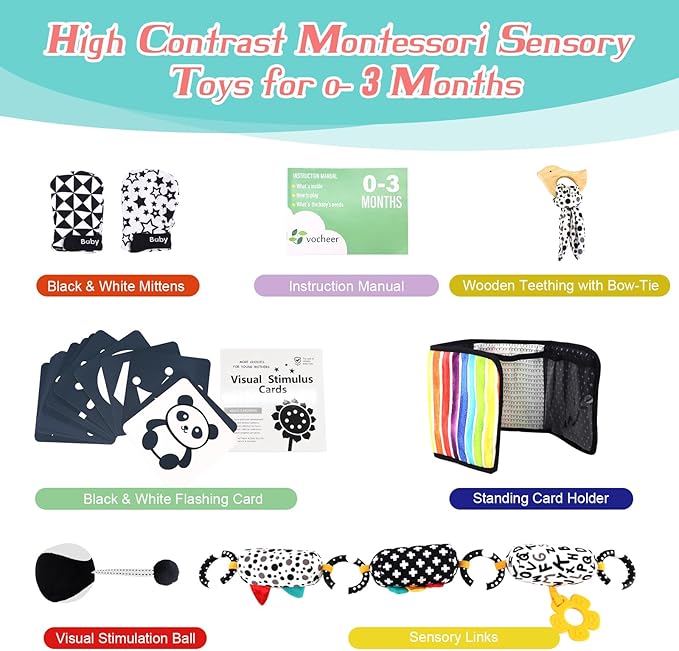 vocheer High Contrast Baby Toys for Newborn, 6 in 1 Black and White Sensory Baby Gift Set for 0-3 Months, 21pcs Montessori Early Educational Learning Kit