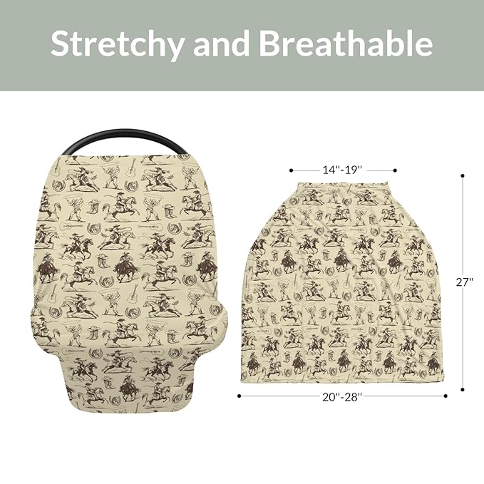 Vintage Cowboy Car Seat Cover for Baby Western Horses Boots Hats Guitar Stretchy 5-in-1 Covers Adjustable Car Canopy Breastfeeding Cover Country Western Breathable Nursing Cover-Up