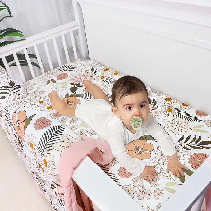 4-Piece Crib Bedding Set for Girls, Pink Baby Girl Bedding Set with Crib Skirt, Baby Quilt, Crib Sheet and Diaper Stacker, Daisy Flower