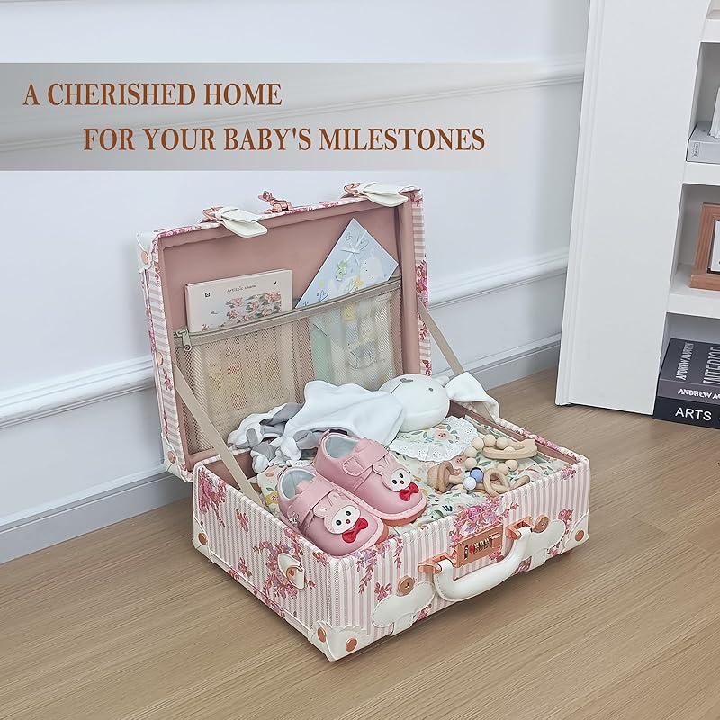 Unitravel Baby Keepsake Case, 16" Handmade Memory Storage Box, Newborn Keepsake Box, Vintage Suitcase for Baby Shower, Baptism, Naming Ceremony or Birthday (floral)