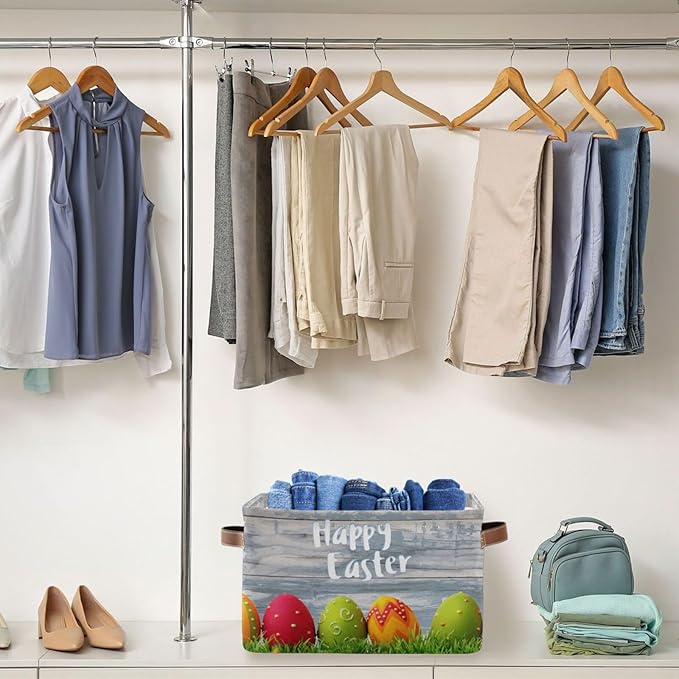 Happy Easter Eggs Storage Basket Cube Storage Bins Organizer Bag Collapsible Closet Shelf Baskets with handle for Baby Cloth Pet Toy Book 14.2×10.2×8.3 IN