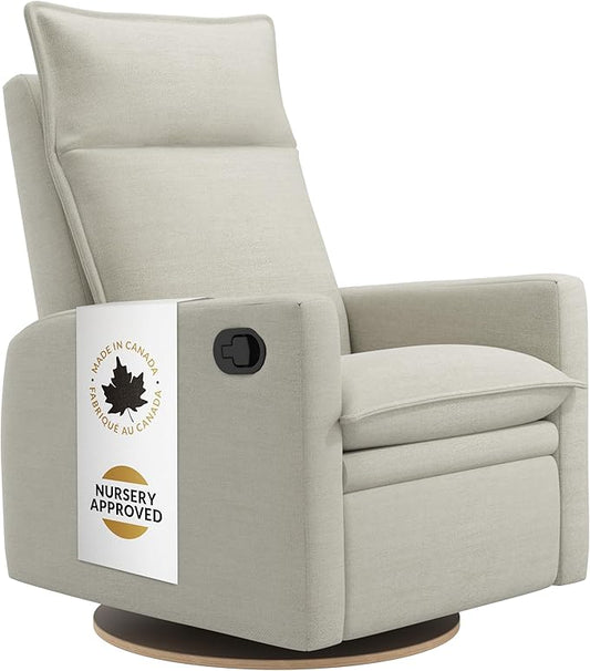 Jaymar Arya Modern Nursery Glider Recliner Chair – Cozy Nursing Chair with 360° Swivel for New Parents, Gentle Motion, Compact Design, High Back & Low Armrests, Canadian Made (Sand/Como Fabric)