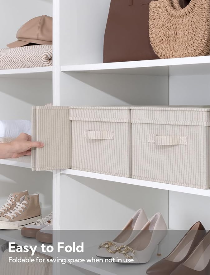 StorageWorks Large Storage Bins with Lids, Decorative Storage Boxes with Lid and Handles, Foldable Storage Baskets for Closet, Shelves, Stackable, Khaki Stripe, 3-Pack