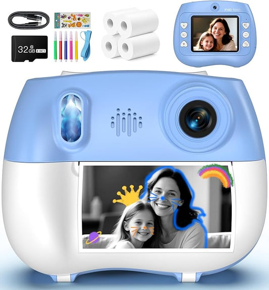 Instant Print Camera for Kids - Front Rear Dual Selfie Kid Print Camera, Fun Birthday Gift for Boys Ages 3-12, HD Digital Video Cameras, Easy to Use for Toddler - Blue