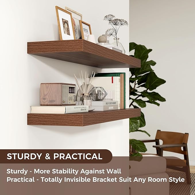 Floating Shelves - 2 Large Wall Mounted Shelves with Invisible Brackets, Long Walnut Wood Floating Wall Shelf for Living Room, Bedroom, Kitchen (36" W x 9" D x 1.5" H)
