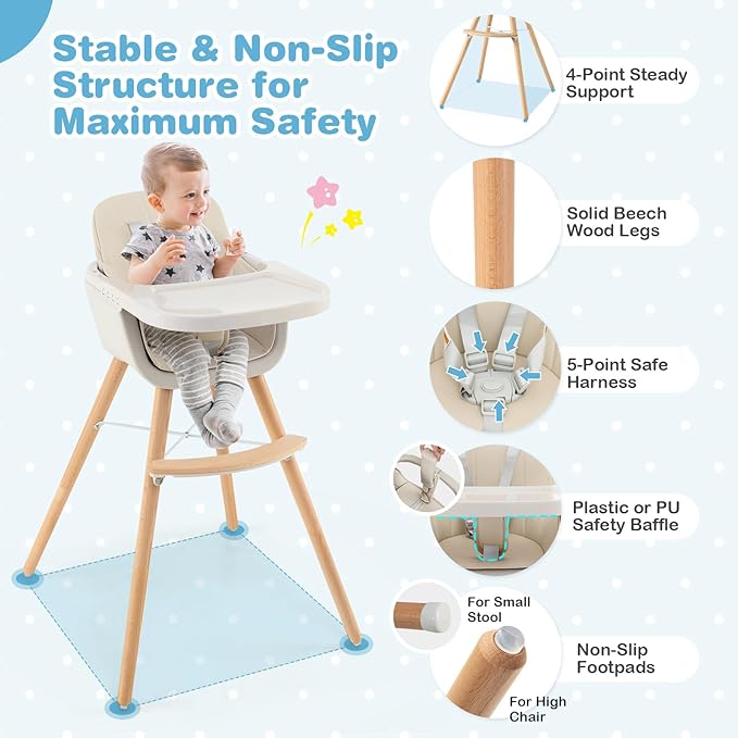 HONEY JOY High Chair, 3-in-1 Eat & Grow Wooden Highchair/Booster Seat/Toddler Chair with Removable Tray, 5-Point Harness, PU Cushion and Footrest for Baby, High Chair for Babies and Toddlers(Beige)