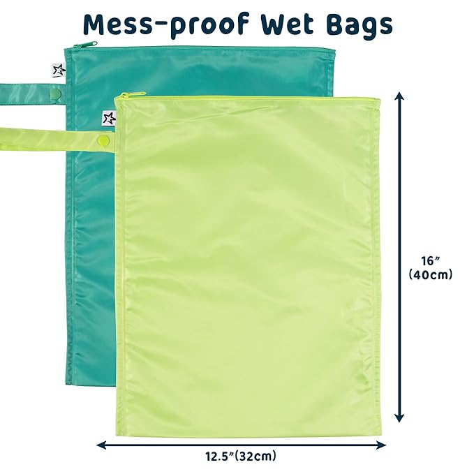 Tiny Twinkle Mess-Proof Waterproof Wet Dry Bag | 2-Pack Reusable Wet Bags for Swimsuits & Baby Clothes | Leakproof Wet Bag for Travel & Diaper Changes for Baby (Rainforest)
